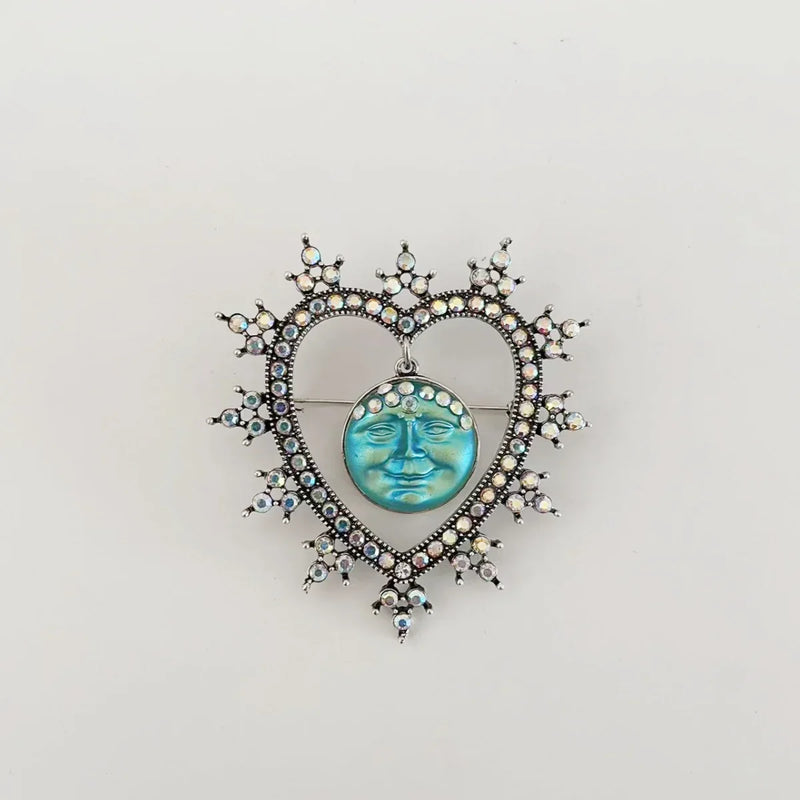 Rhinestone Heart & Moon Face Brooch
