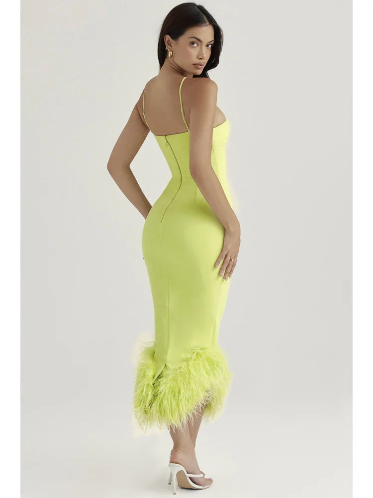 Legant Spaghetti Strap Feather Midi Dress