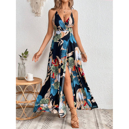 Flower Print Spaghetti Strap Dresses V-neck Backless Slit Long Dress Style Vacation Beach Vestidos