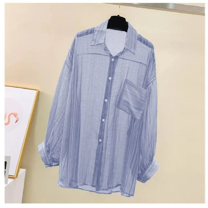 Long Sleeve Perspective Sheer Sunscreen Chiffon Blouse Korean Loose Shirt Summer Beach Cardigans