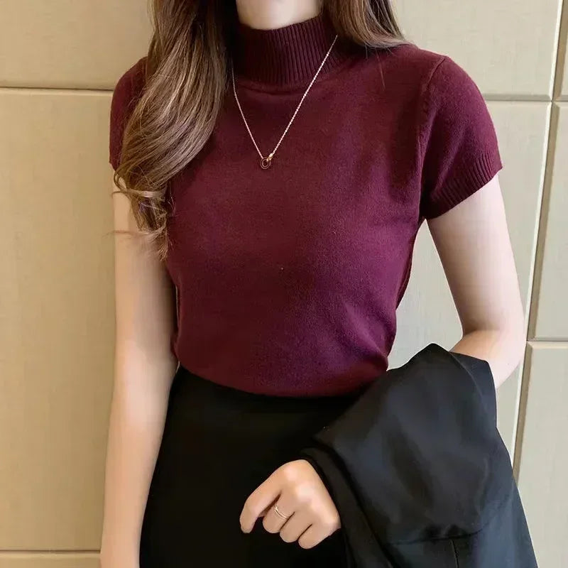 Tops and Blouses Summer Short Sleeve Blouse Blusas Mujer De Moda Turtleneck Knitted Blouse Shirt Tops