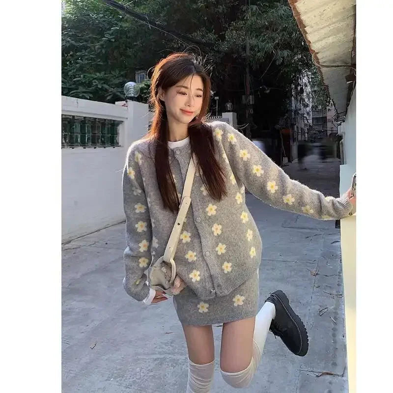 Sweet Hot Girl Knitted Suit Autumn and Winter Oneck Loose Cardigan Wrap Hip Skirt Twopiece Set Female Clothes