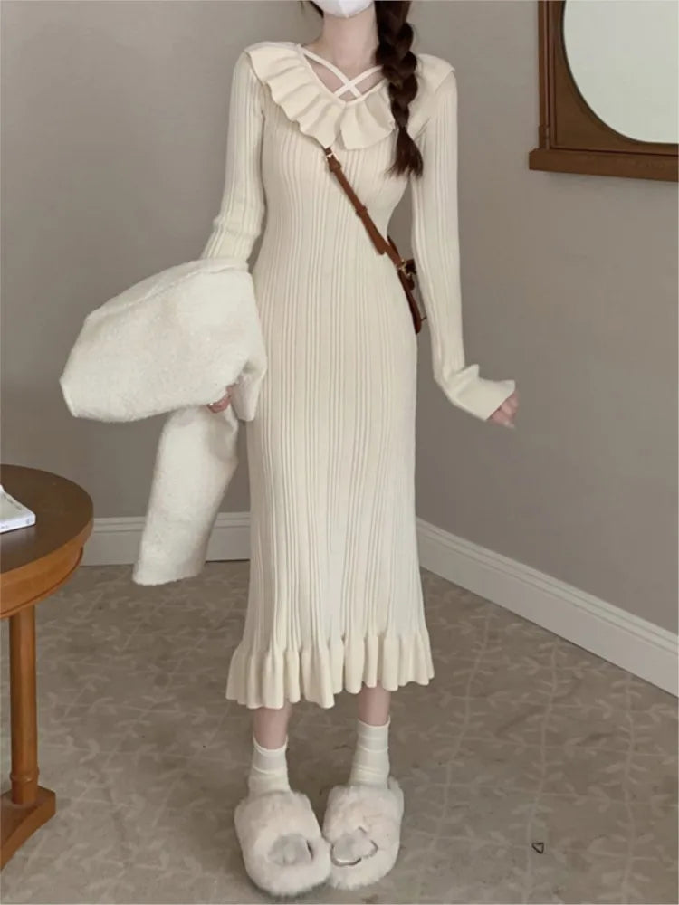 Autumn Knitted Dresses for Ruffles V-neck Bodycon Midi Dress Korean Vestidos Mujer New Knitwear