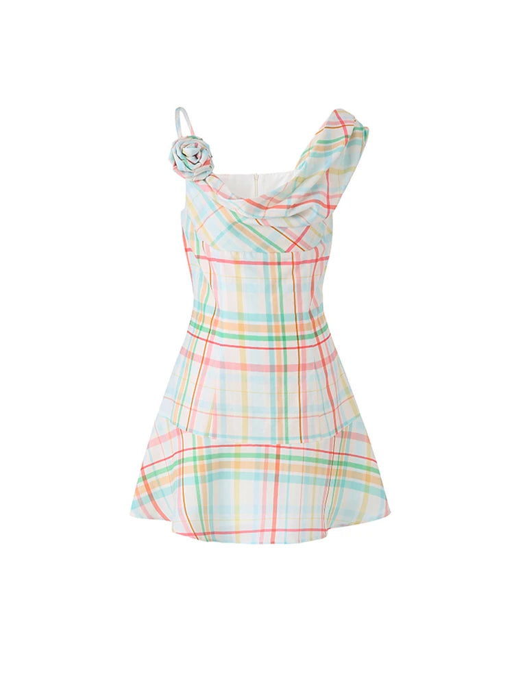 French Plaid Slim Strap Dress Office Lady Causal Mini Dress Korean Retro Party Dress Summer New