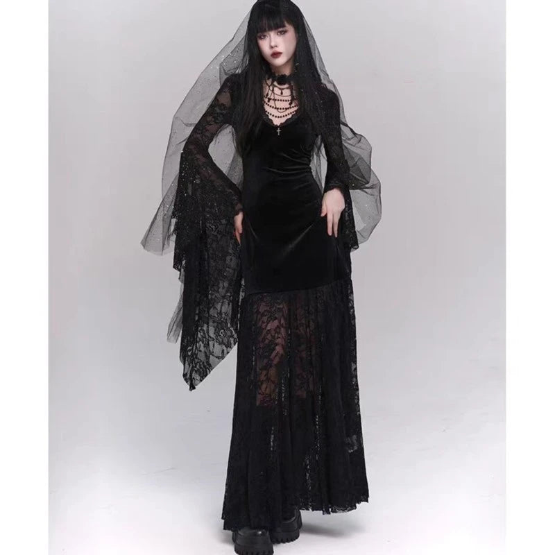 Gothic Black Midi Dresses V-neck Irregular Flrae Sleeve Y2k Lace Bandage Dark Style Harajuku Clothing New