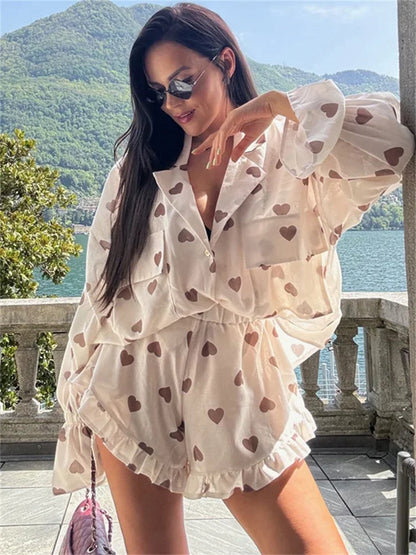 Autumn 2 Piece-set Shorts for Printed Pocket Shirts and High Waist Slim Shorts Sets Female Contrast Outfits