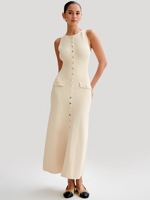 Sleeveless Buttoned Maxi Dress for Round Two Pocket Slim Knit Long Dress Knitwear New