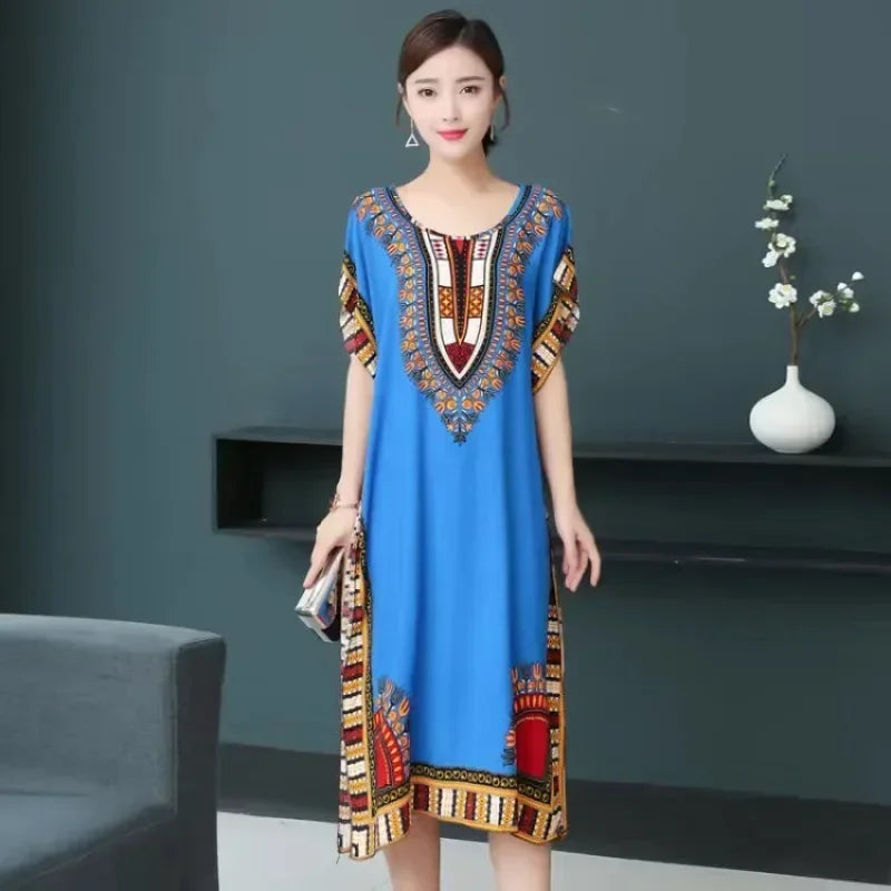National Style Leisure Holiday Beach Printed Poker Indonesia O-neck Loose Midi Dress Pajamas Loungewear Woman