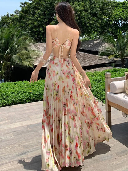 Print Long Dresses for Backless Laceup Party Dress Summer Holiday Beach Pleated Aline Vestidos Robe