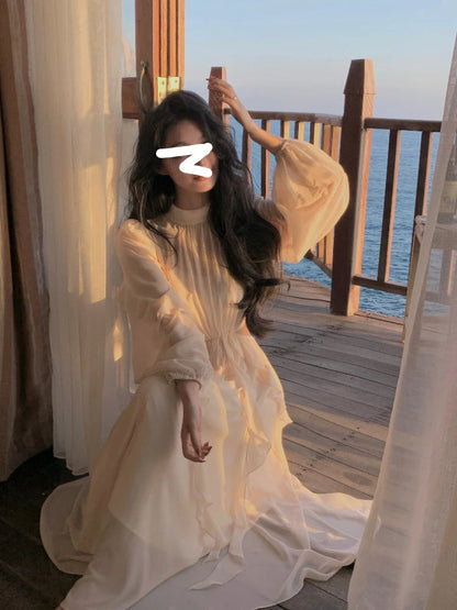 Summer Beach Style Chiffon Y2k Mini Dress Office Lady Long Sleeve One Piece Dress Korean Clothing