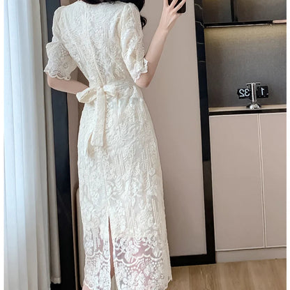 Summer White Lace Hook Flower Hollow Midi Dress Party Evening Dress Korean Festival Dress