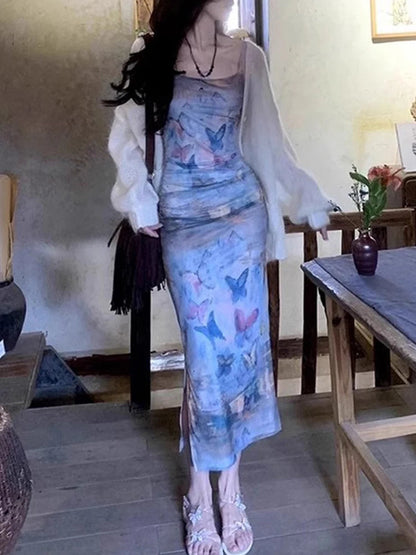 Summer Maxi Dress Preppy Style Butterfly Print Sleeveless Strap Dresses Clubwear Party Dresses