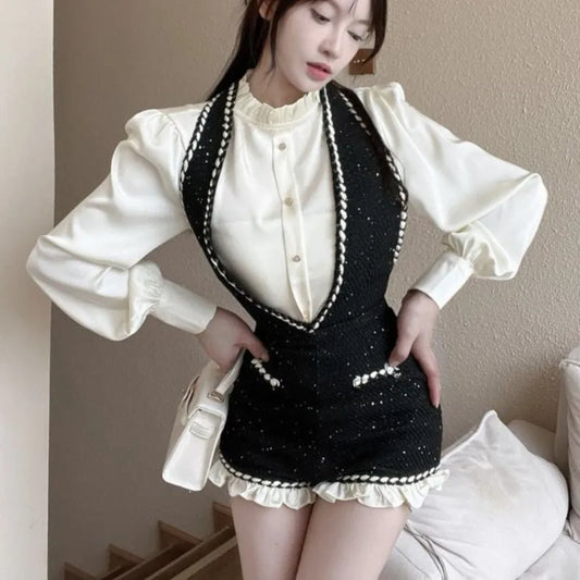 French Two-piece Set Ruffles O-neck Shirt Tweed Halter Short Overalls Autumn Y2k Outfits New