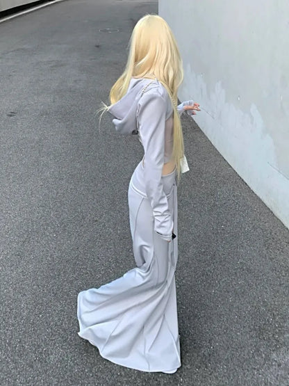 Y2k Autumn 3-piece Skirt Set Long Sleeve Hooded Crop Cardigan Vest Long Skirt Harajuku Club Party New