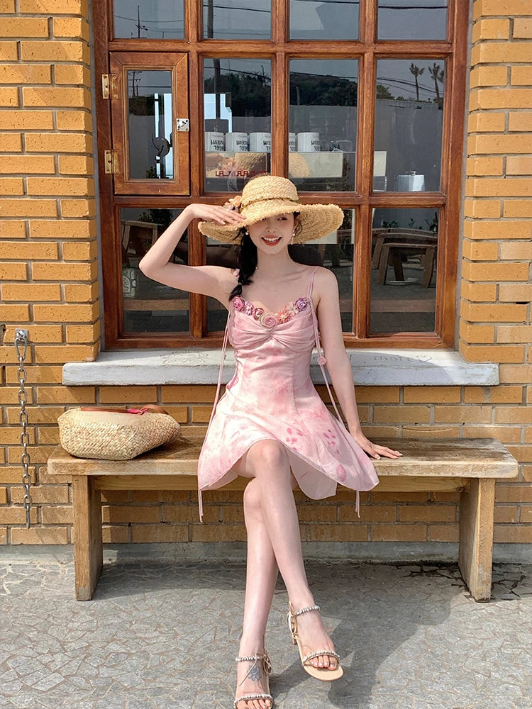 French Retro Chiffon Midi Dress Light Pink Printed Sleeveless Dress Beach Summer
