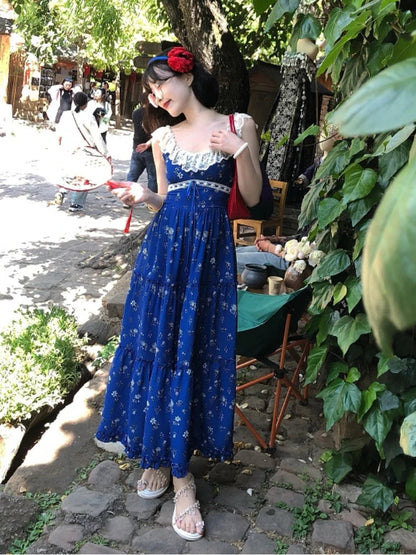 Bule French Lace Party Dress Sweet Backless Midi Dress Summer Korean Sleeveless Dress