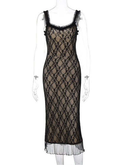 Lace Print Maxi Dress for Spaghetti Strap Sleeveless Backless Bodycon Club Party Long Dress