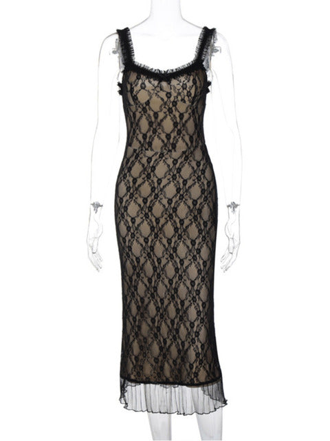 Lace Print Maxi Dress for Spaghetti Strap Sleeveless Backless Bodycon Club Party Long Dress