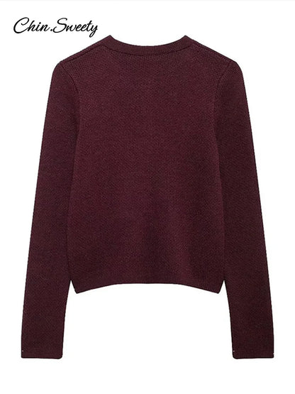 Autumn Knit Burgundy ’s Cardigans O-neck Single-breasted Long Sleeve Pocket Top Autumn Winter Lady All-match Knitwear