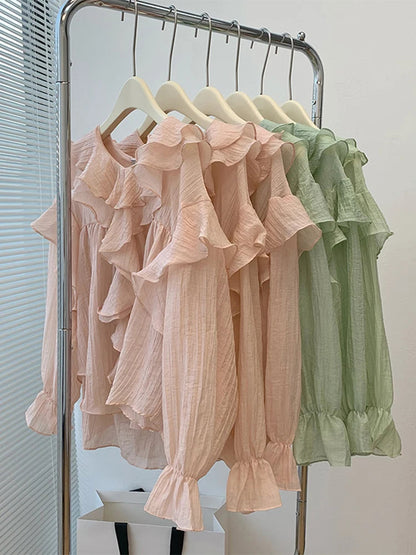 New Autumn Winter Crewneck Ruffle Pleated Puff Long Sleeve Design Blouses Oversize Patchwork Chiffon Overshirt