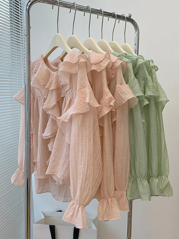 New Autumn Winter Crewneck Ruffle Pleated Puff Long Sleeve Design Blouses Oversize Patchwork Chiffon Overshirt