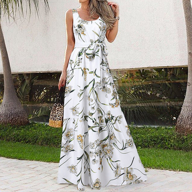 Summer Flower Print Sleeveless Long Dresses Vacation Style Dress O Neck High Waist Leace-up Maxi Vestidos