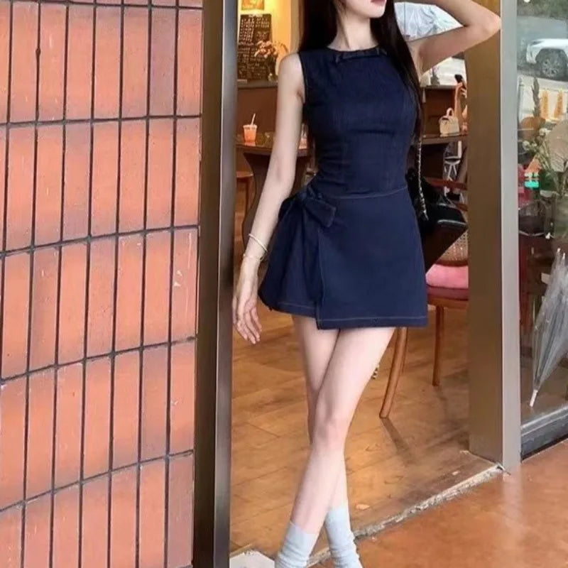 Blue Denim Dresses Sleeveless Bandage Bow Vestidos Para Mujer Korean Mini Dress