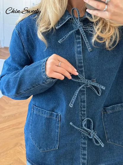 Street Lace Up Denim Shirt for Lapel Long Sleeve Loose Thick Blouses Spring Lady Loose Top Outwear New