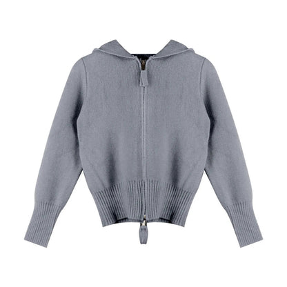 Double Zipper Cropped Knitwear Basic Zip Up Hooded Knitted Cardigan Slim Long Sleeve Sweaters for Winter Clothes