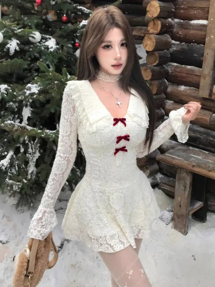 Sweet Lace Dresses Flare Long Sleeves Evening Party Mini Dress Slim Waist Vestidos Mujer Female Clothing