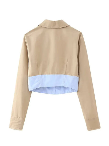 Woman Splicing Lapel Long Sleeve Blouses Cropped Tops Female Singlebreasted Short Shirts Y2k