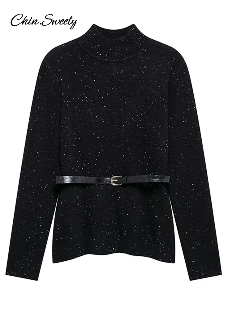 Black Turtleneck Sweater Pullover for With Belt Long Sleeved Loose Knitwear Female Spring Lady Soft Jumper New
