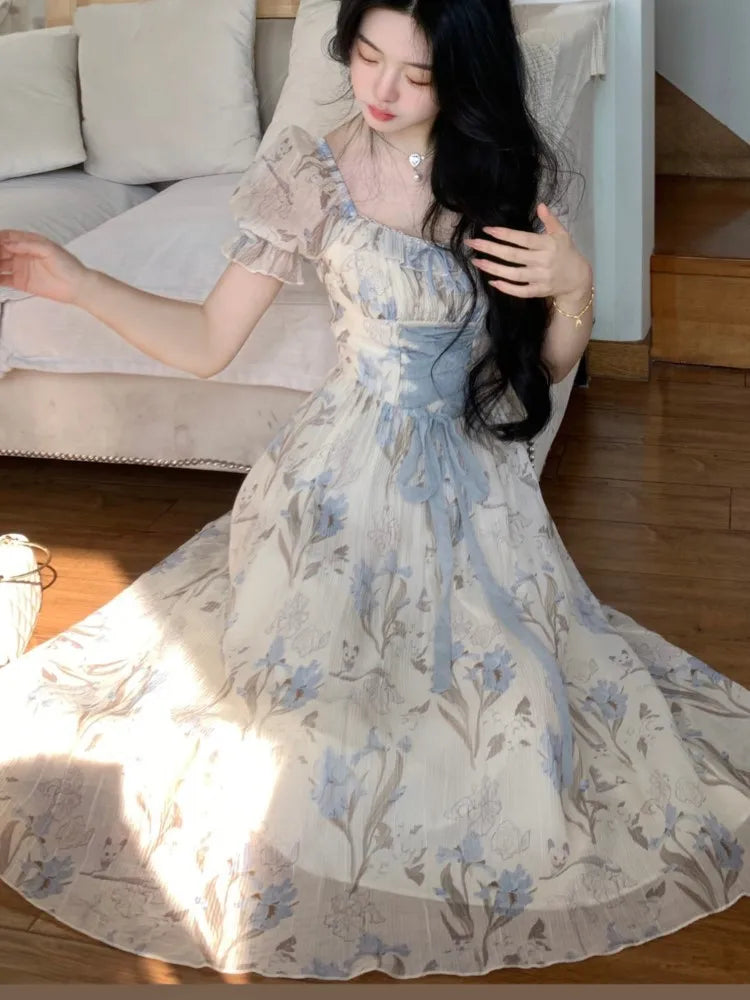Y2k Midi Dress Kawaii Lolita Laceup Square Collar High Waist Princess Evening Party Dresses Prom Robe Vestido New