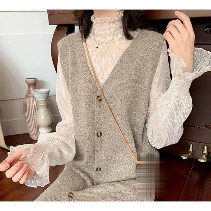 High Collar Mesh Perspective Blouse Summer Thin See Through Slim Bottoming Lace Long Flare Sleeved Tops