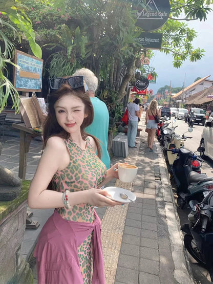 Y2k American Slim Party Dress Office Lady Causal Leopard Print Dress Summer Korean Midi Dress