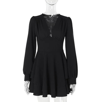 Low Cut Long Sleeve Pleated Mini Dress Wrap Waist Slim Party Vestido Spring Fall Harajuku Y2k Clothes