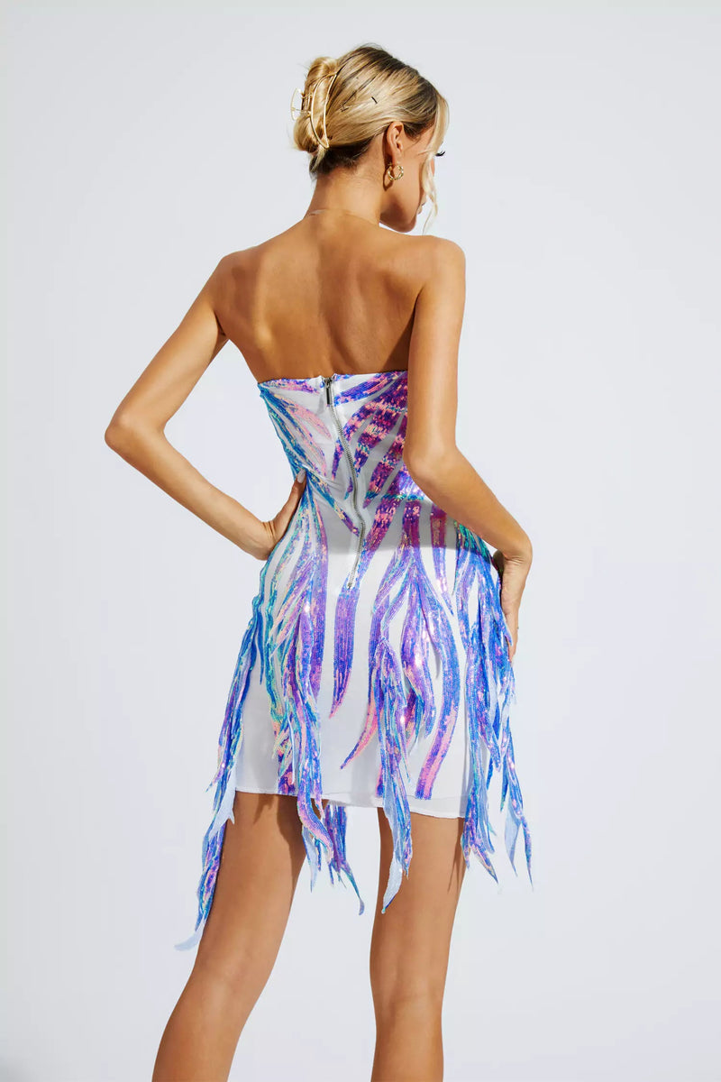 Salem Blue Irregular Sequin Fringe Mini Dress