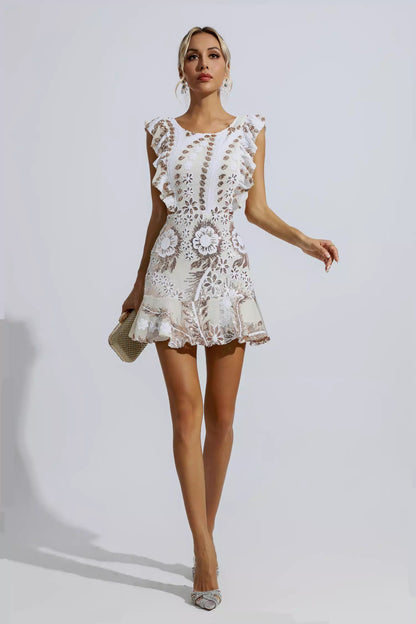 Sarai White Ruffle Cutout Mini Dress