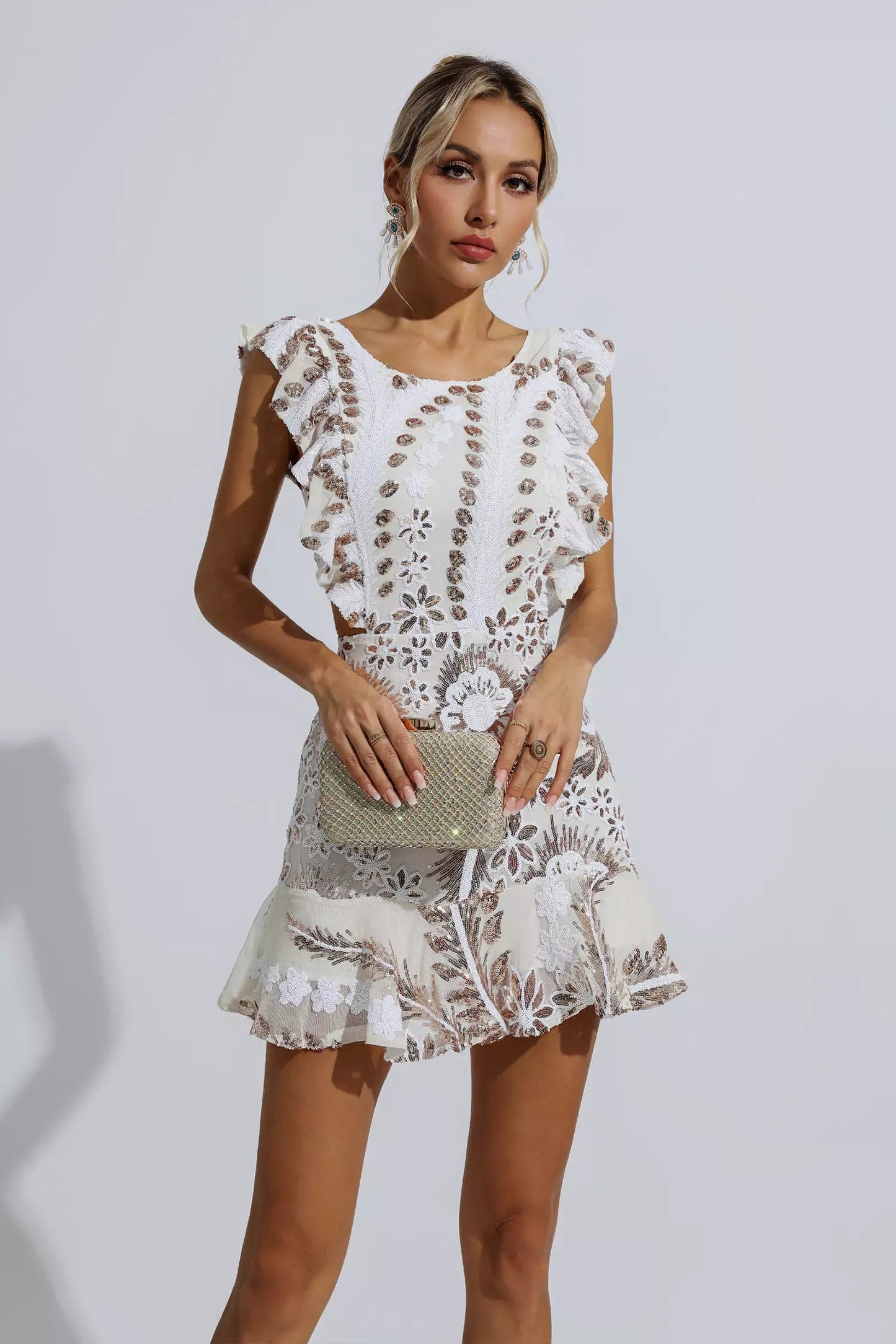 Sarai White Ruffle Cutout Mini Dress