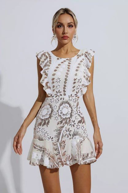 Sarai White Ruffle Cutout Mini Dress