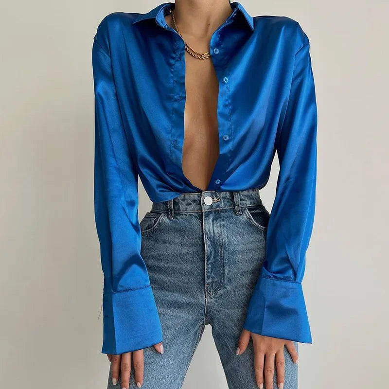 Button Up Satin Long Sleeve White Blouse