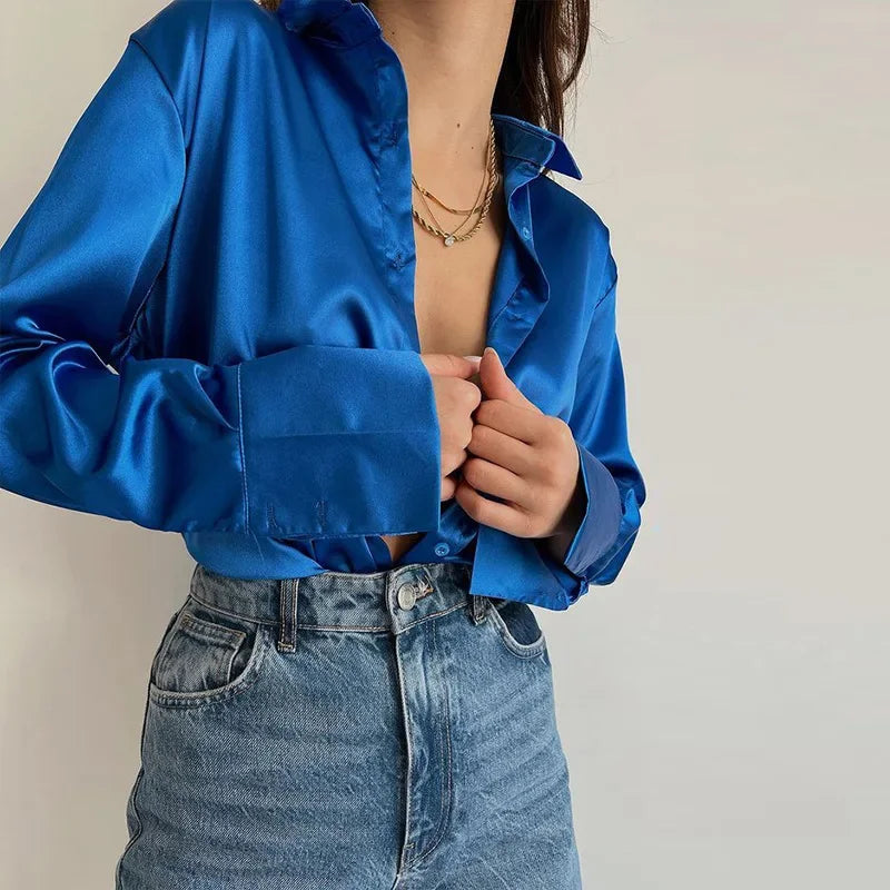 Button Up Satin Long Sleeve White Blouse