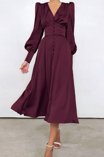 Satin Puff Sleeve Single-breasted Midi Dress