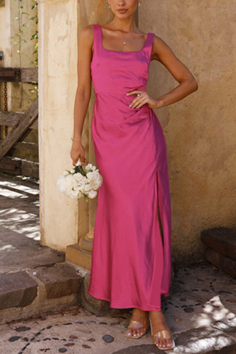 Satin Square Neck Slit Maxi Dress