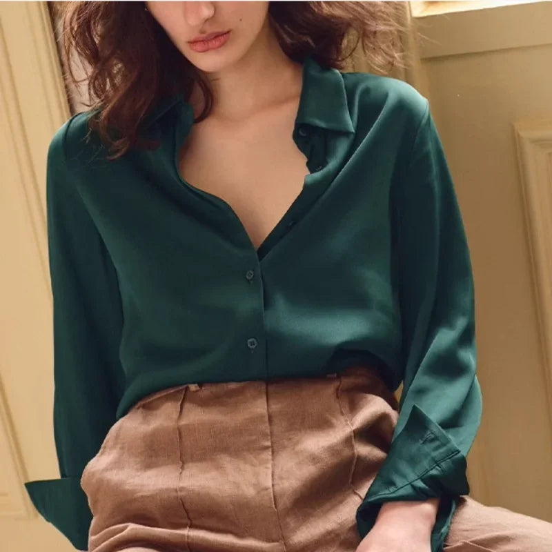 Satin Long Sleeve Polo Neck Blouse