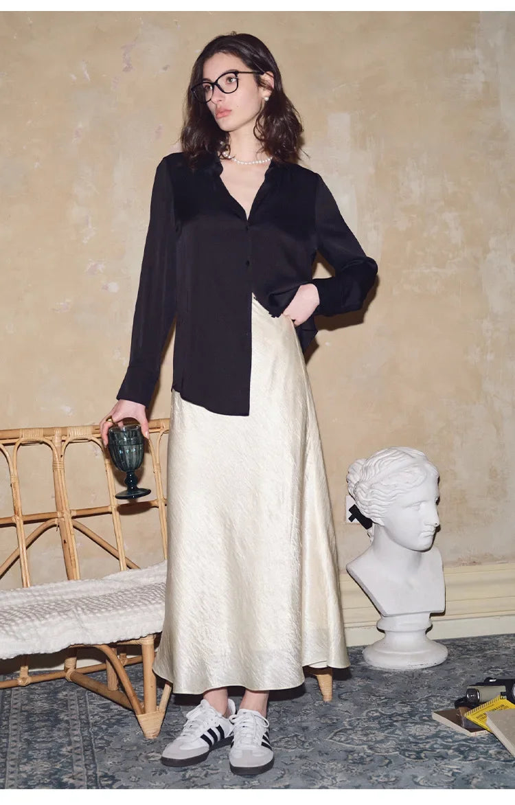 Satin Long Sleeve Polo Neck Blouse