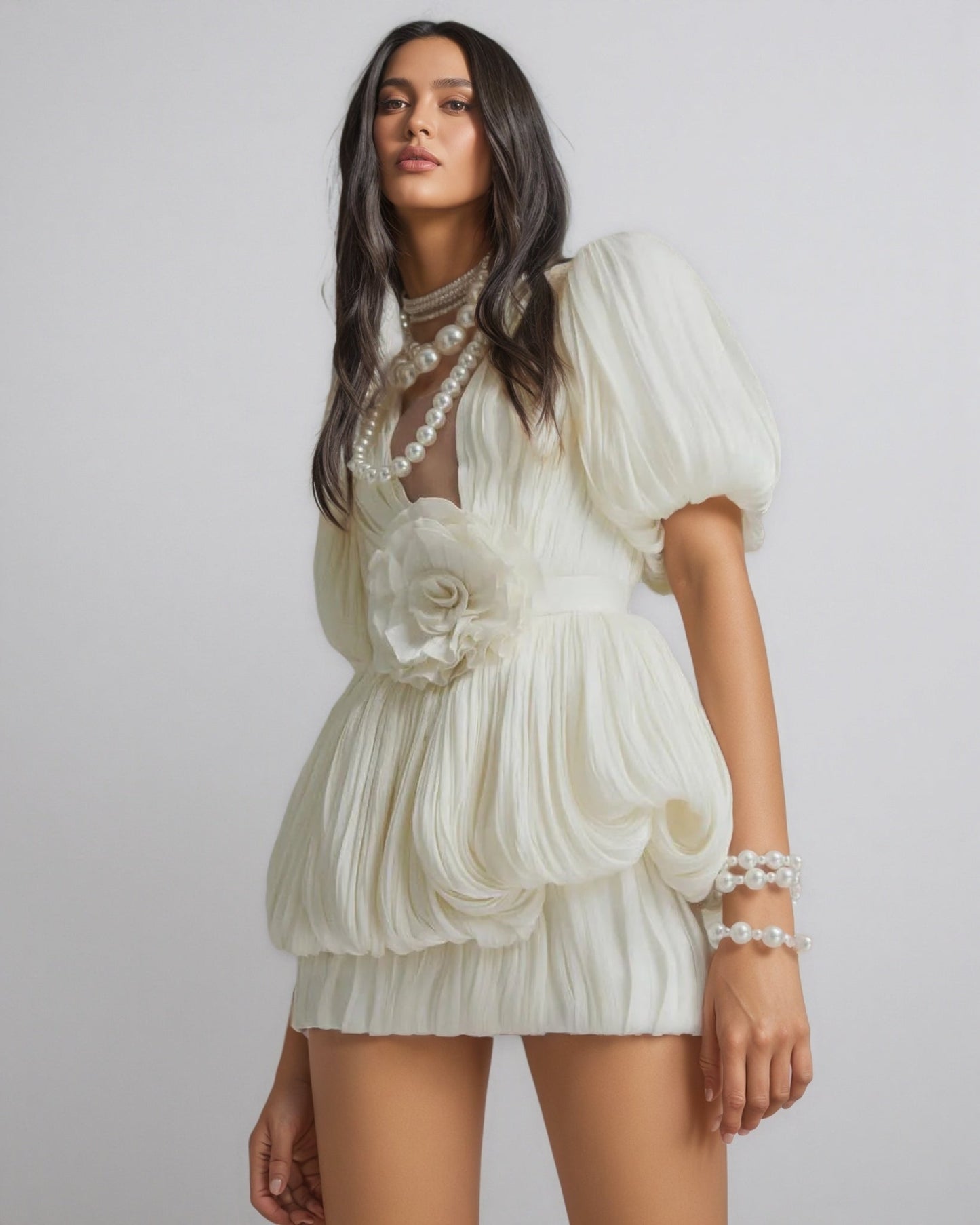 Clark White 3d Flower Pleated Mini Dress