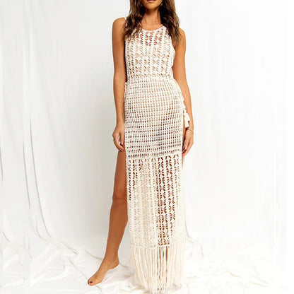 Crochet Knitted Maxi Dress Beach Cover Up Dresses Summer High Cut Tassel Dress Swimsuit Beachwear Outfits