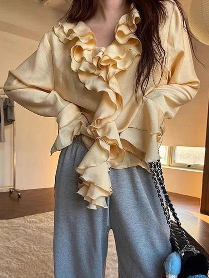 Vneck Ruffled Flared Sleeve Shirt Spring Retro and Stylish Loose Niche Versatile Blouse Top