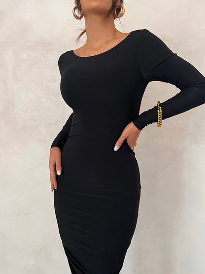 Backless Ruched Maxi Dress White Long Sleeve Evening Dresses Female Autumn Skinny Party Clubwear